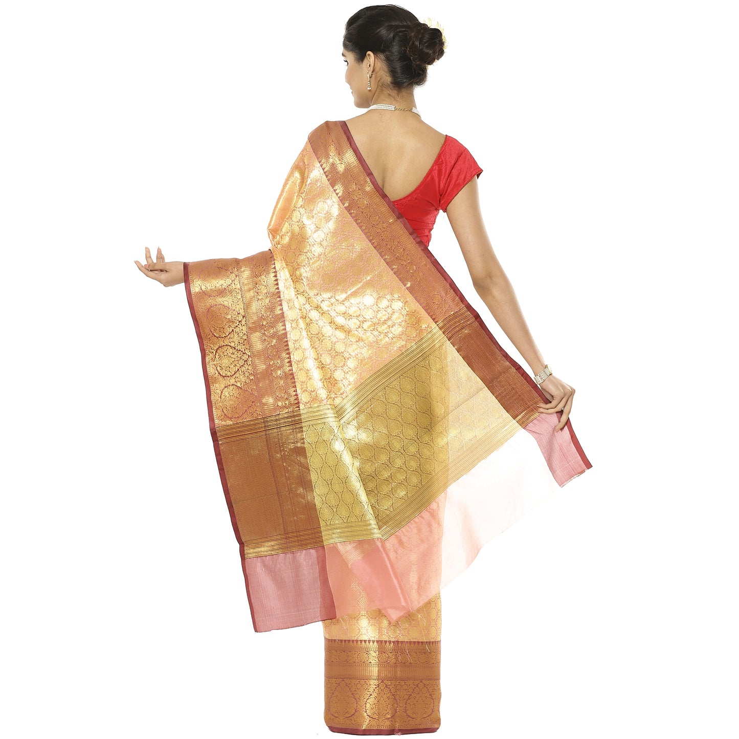 Faishana Presents Peach Zari Kanchi Silk Brocade Contrast Maroon Zari Pattu Border Banarasi Saree