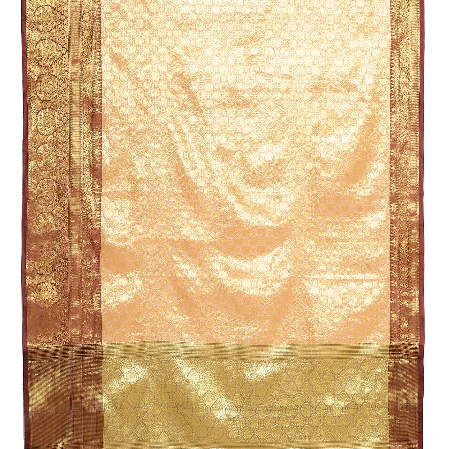 Faishana Presents Peach Zari Kanchi Silk Brocade Contrast Maroon Zari Pattu Border Banarasi Saree