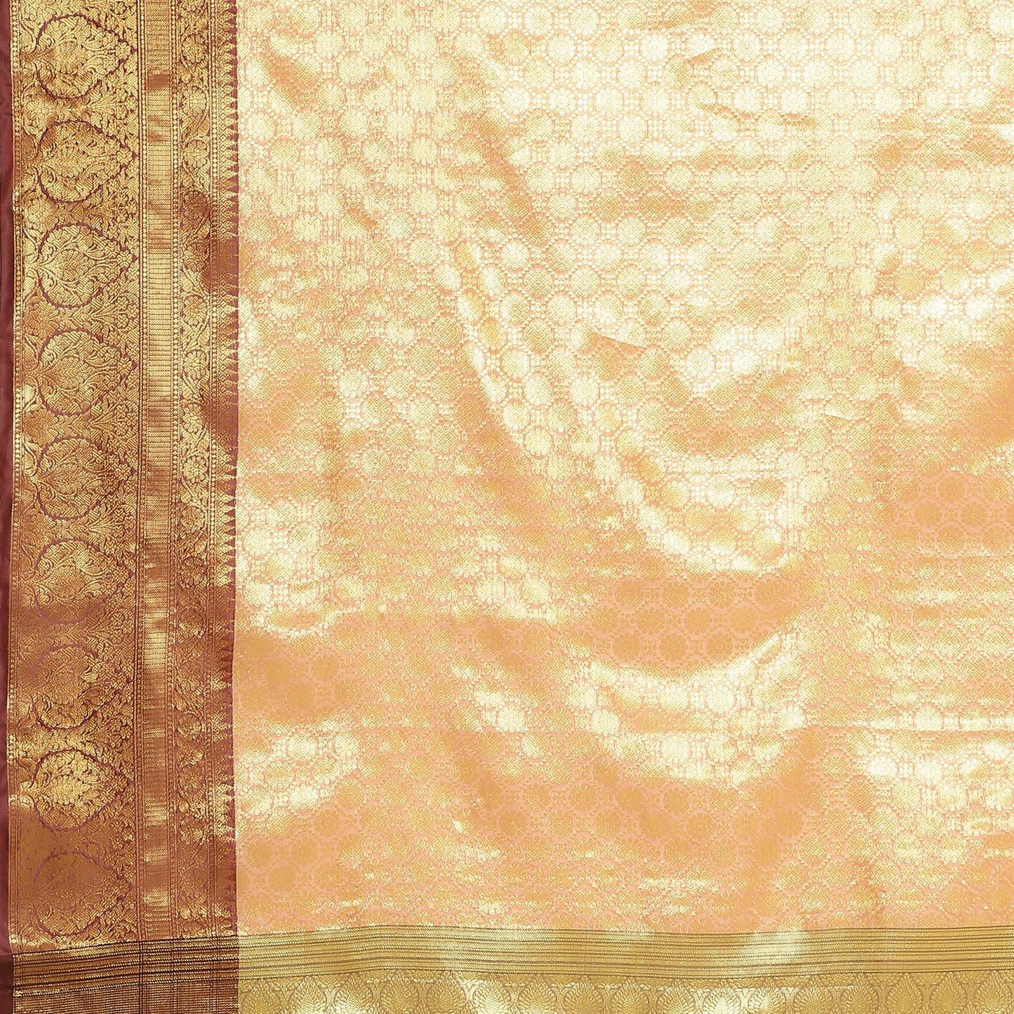 Faishana Presents Peach Zari Kanchi Silk Brocade Contrast Maroon Zari Pattu Border Banarasi Saree