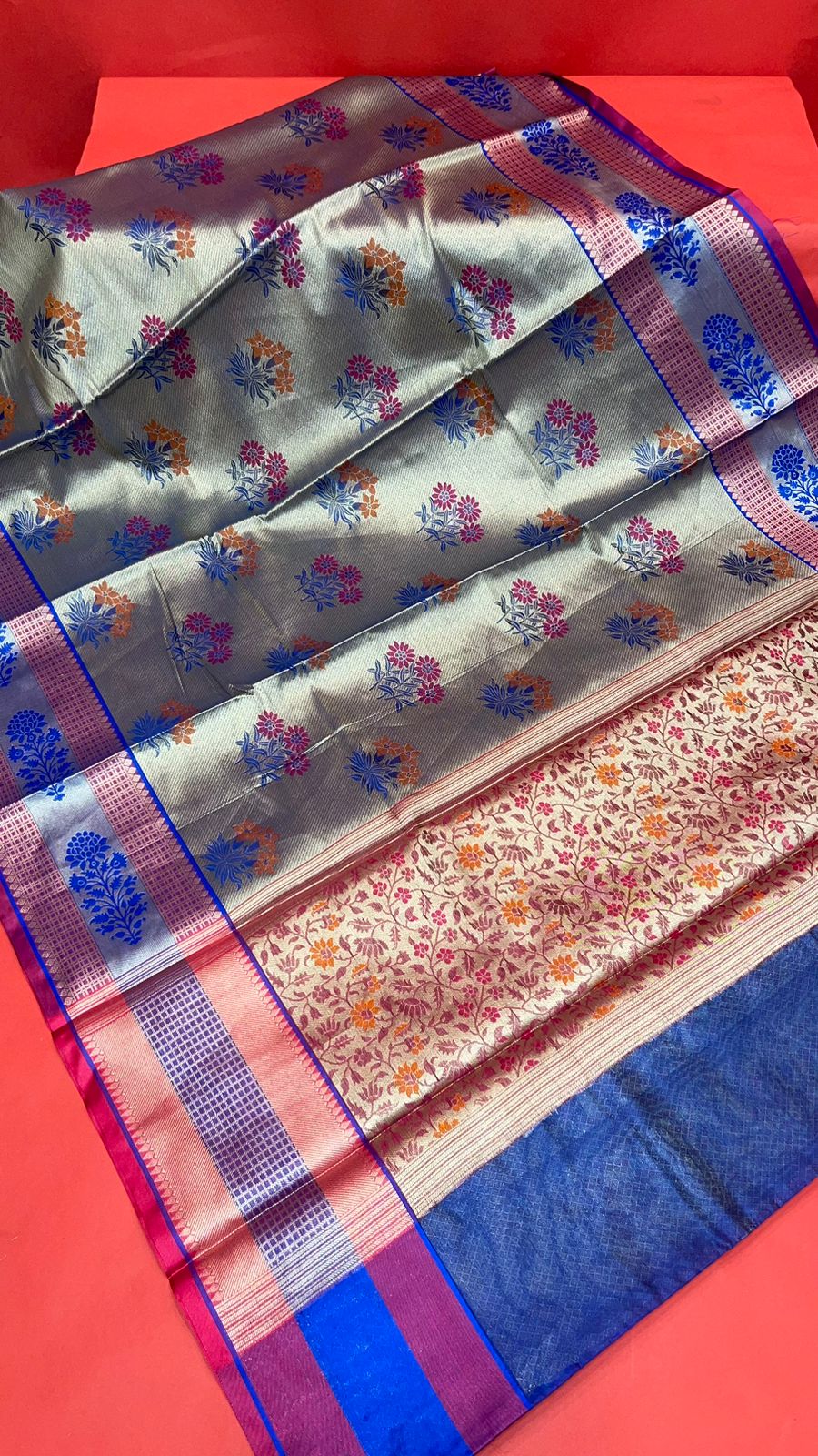 Faishana Presents Grey Zari Meena Paithani Brocade Contrast Pink Pattu Border Banarasi Saree