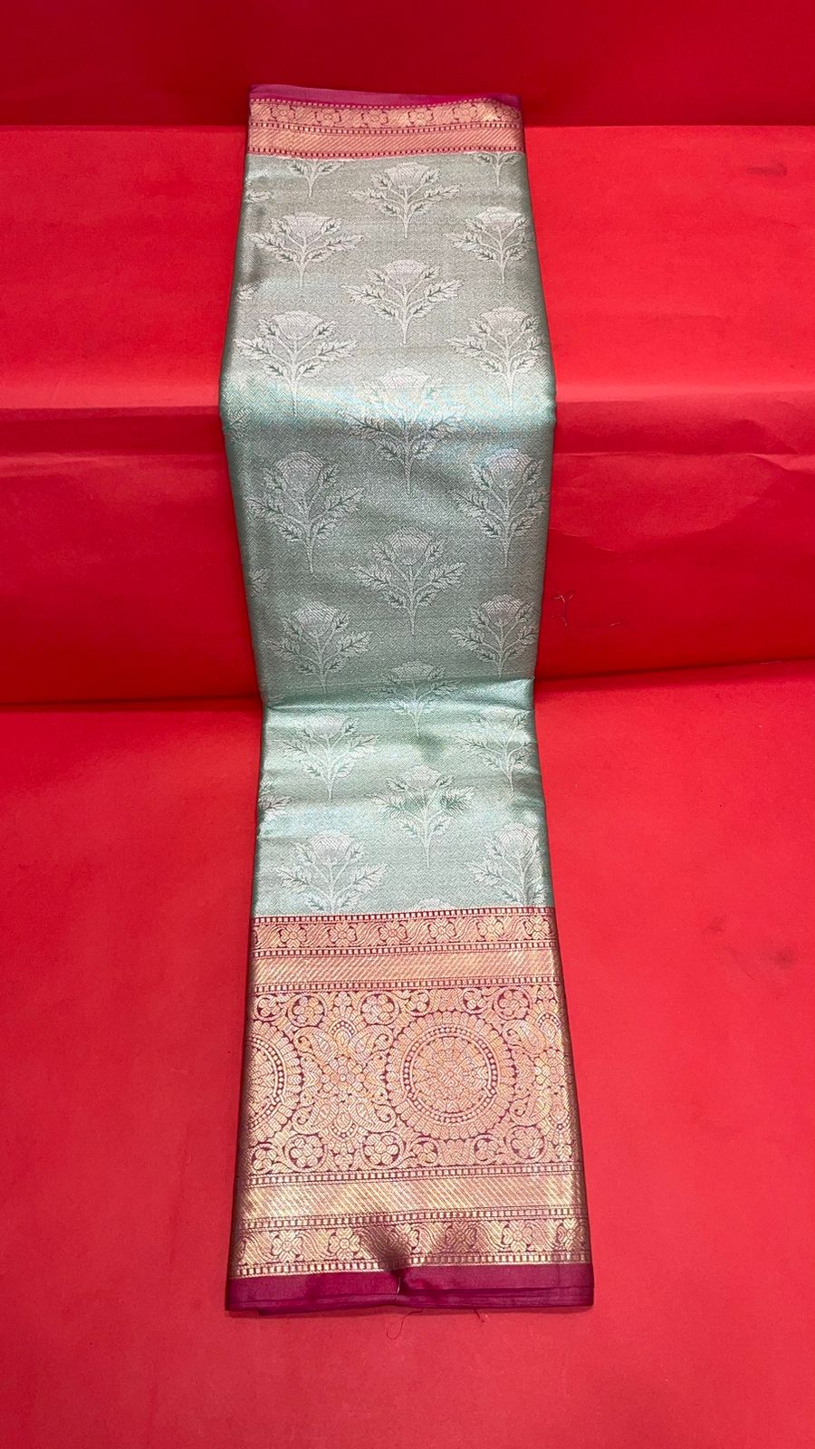 Faishana Presents Seagreen Silver Zari Kanchi Silk Brocade Contrast Pink Zari Pattu Border Banarasi Saree