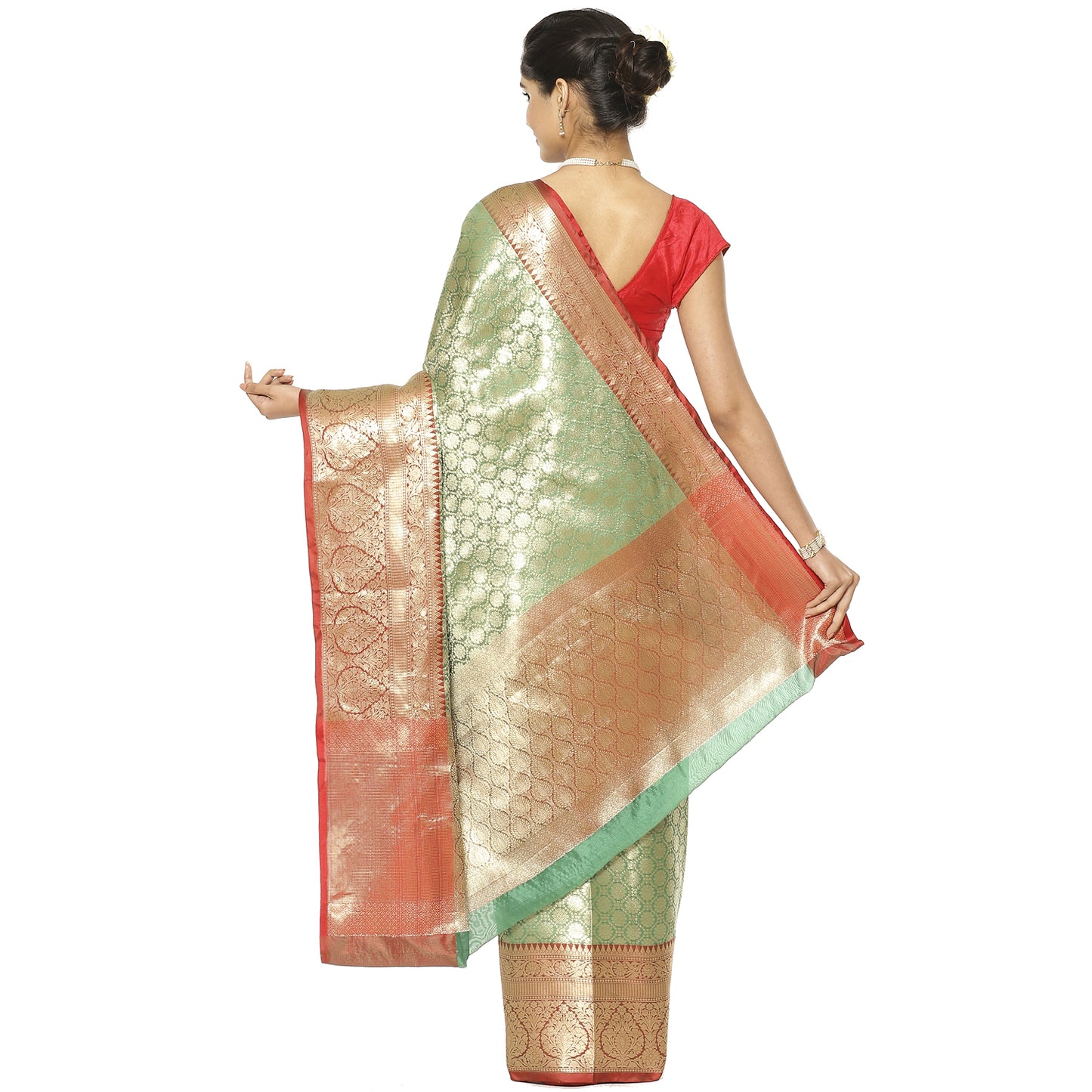 Faishana Presents Green Zari Kanchi Silk Brocade Contrast Maroon Zari Pattu Border Banarasi Saree