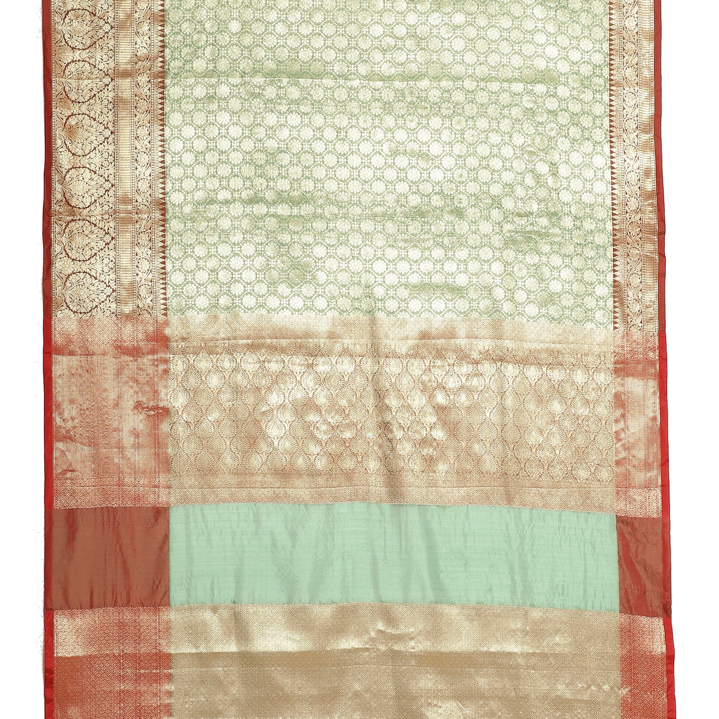 Faishana Presents Green Zari Kanchi Silk Brocade Contrast Maroon Zari Pattu Border Banarasi Saree