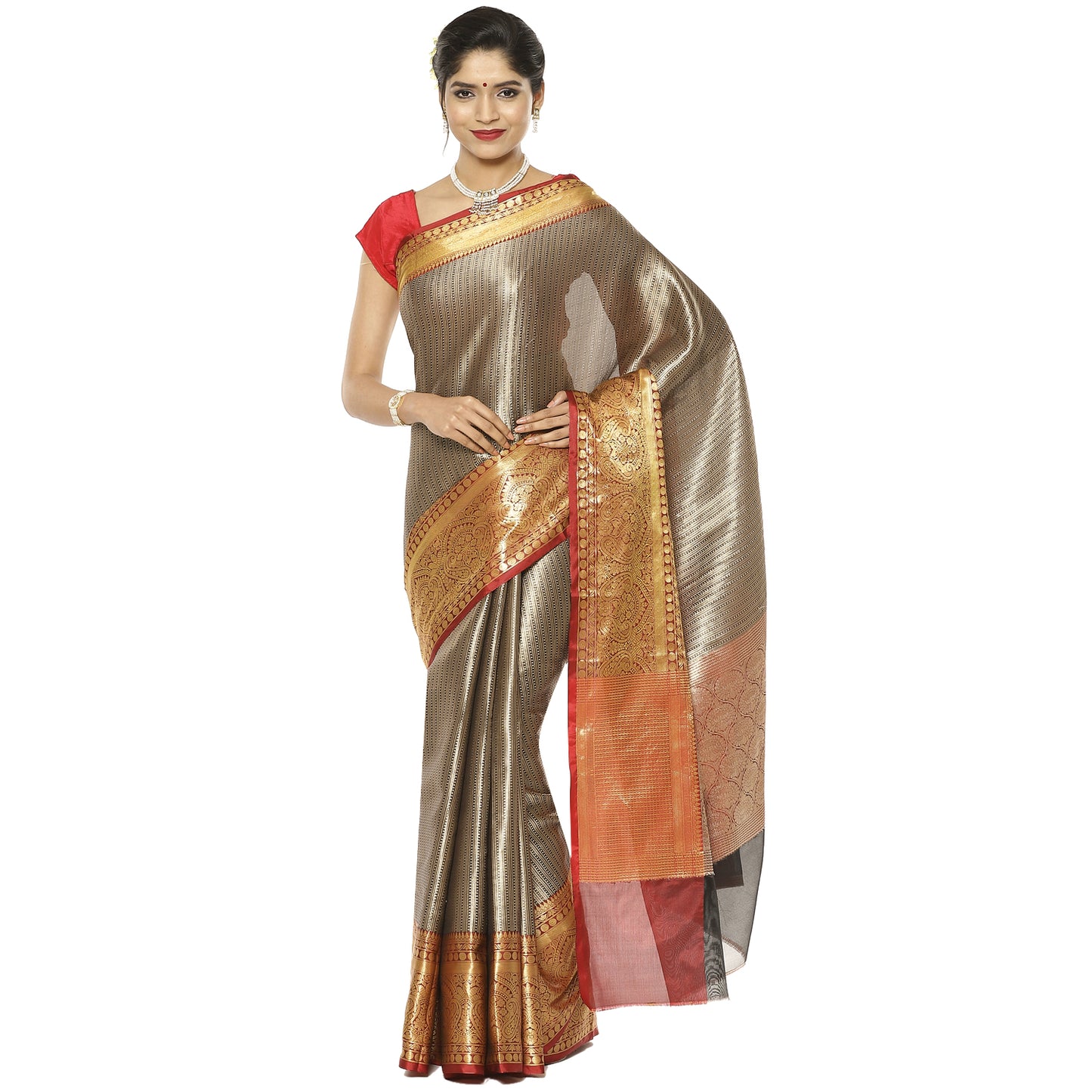 Faishana Presents Black Zari Kanchi Silk Brocade Contrast Maroon Zari Pattu Border Banarasi Saree