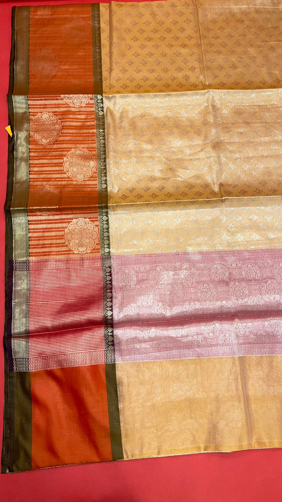 Faishana Presents Cream Silver Zari Kanchi Silk Brocade Contrast Orange Zari Pattu Border Banarasi Saree