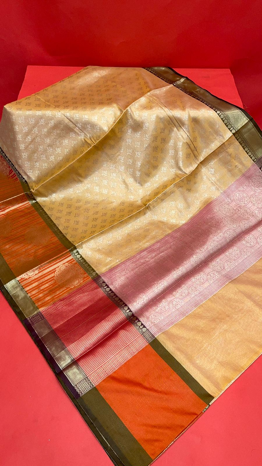 Faishana Presents Beige Silver Zari Kanchi Silk Brocade Contrast Orange Zari Pattu Border Banarasi Saree