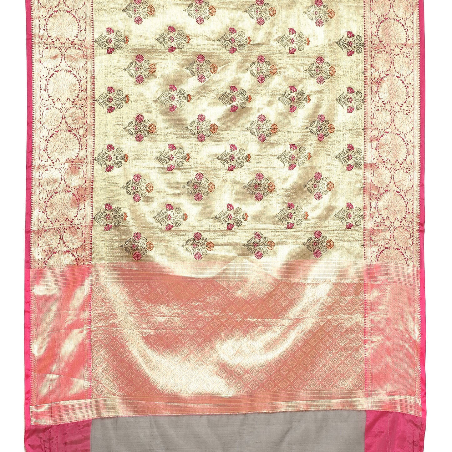 Faishana Presents Light Gold Zari Meena Paithani Brocade Contrast Pink Pattu Border Banarasi Saree