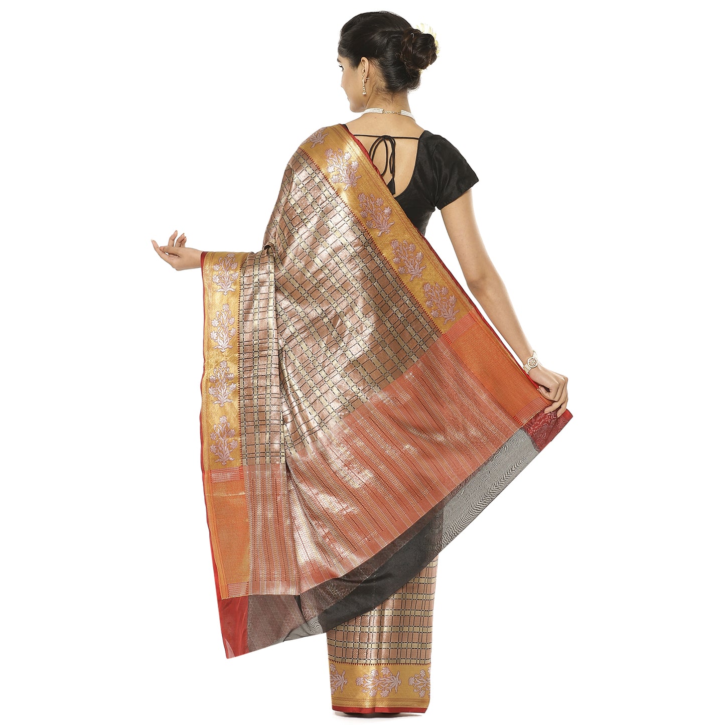 Faishana Presents Brown Antique Kanchi Zari Brocade Contrast Meena Patta Border Banarasi Saree