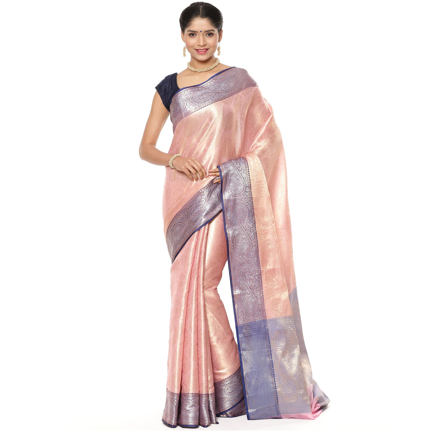 Faishana Presents Zari Pink Kanchi Silk Brocade Contrast Silver Gold Zari Jamawar Border Saree