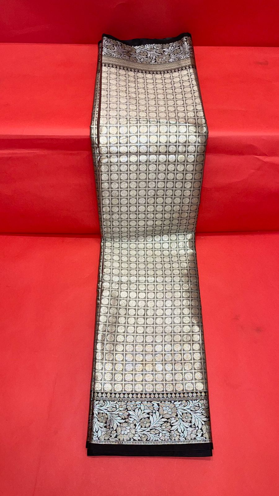 Faishana Presents Black Zari Kanchi Silk Brocade Contrast Silver Gold Zari Jamawar Black Border Saree