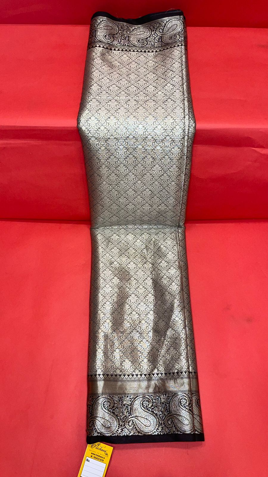 Faishana Presents Black Zari Kanchi Silk Brocade Contrast Silver Gold Jamawar Border Banarasi Saree