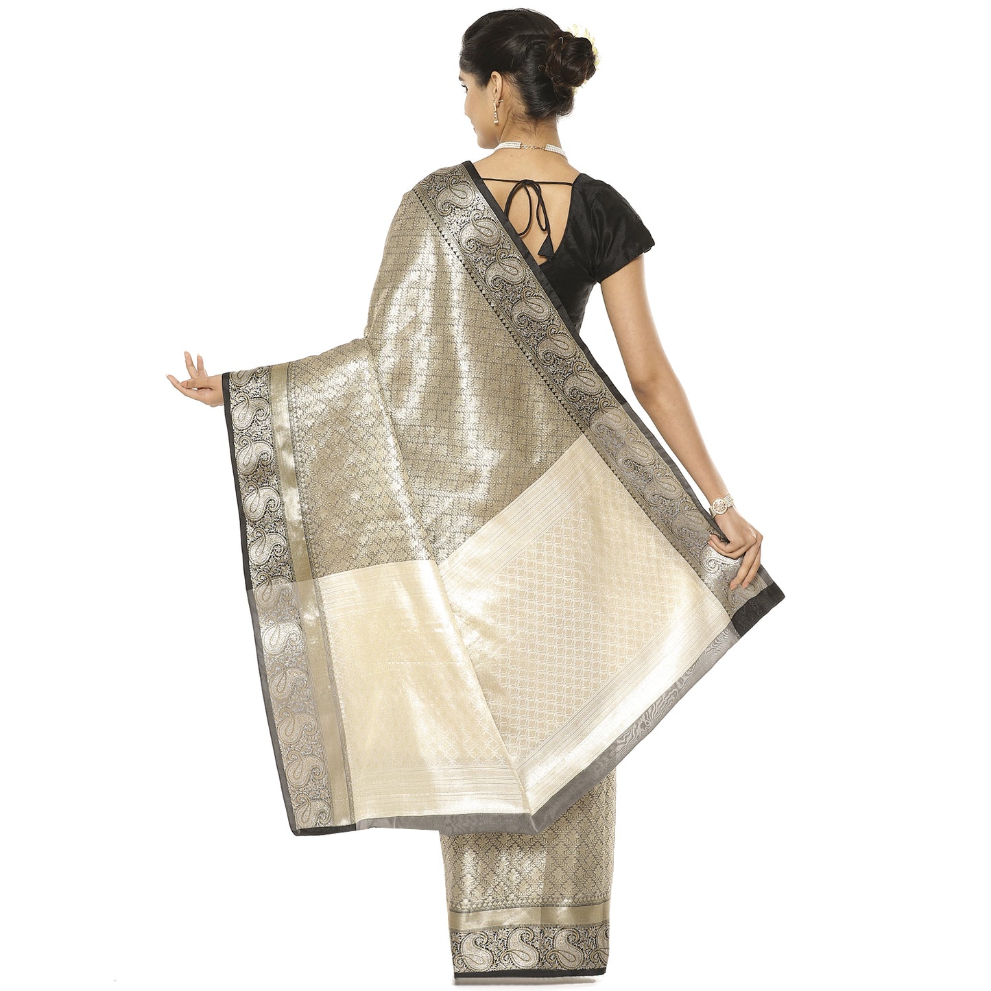 Faishana Presents Black Zari Kanchi Silk Brocade Contrast Silver Gold Jamawar Border Banarasi Saree