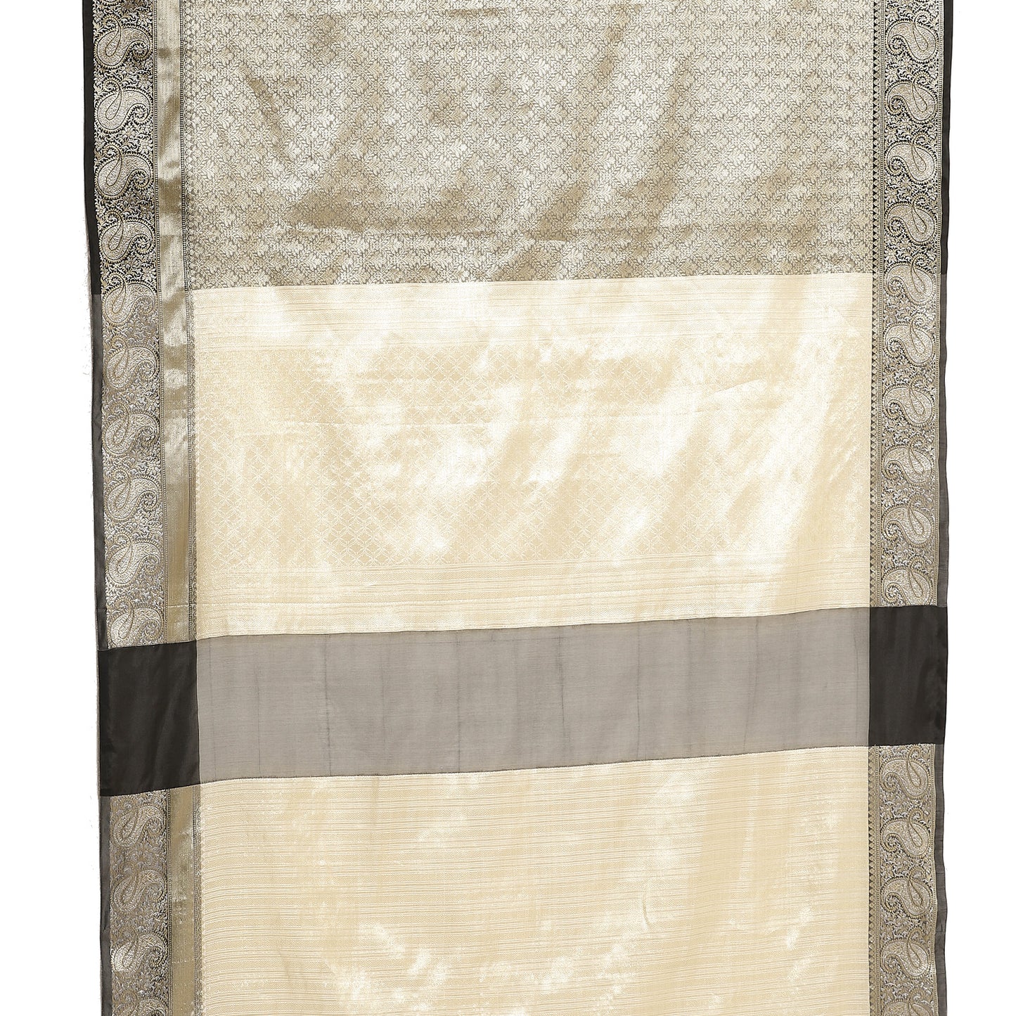 Faishana Presents Black Zari Kanchi Silk Brocade Contrast Silver Gold Jamawar Border Banarasi Saree