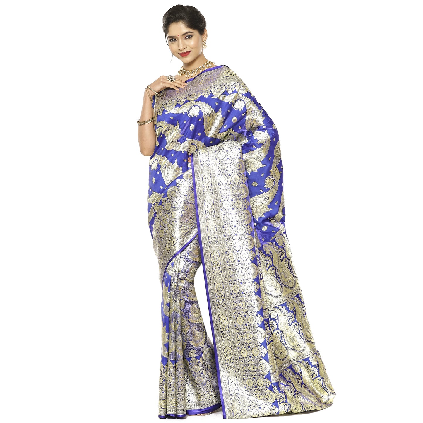 Faishana Presents Blue Satin Silk Diagonal Zari Mughal Motif with Skirt Blue Border Banarasi Saree