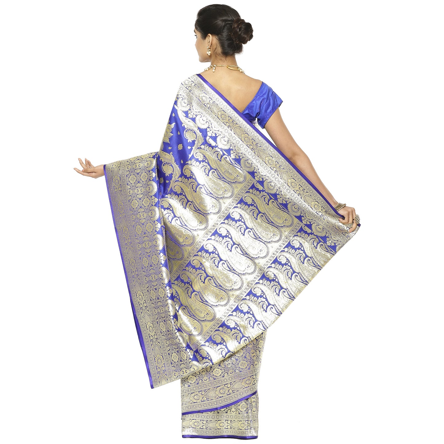 Faishana Presents Blue Satin Silk Diagonal Zari Mughal Motif with Skirt Blue Border Banarasi Saree