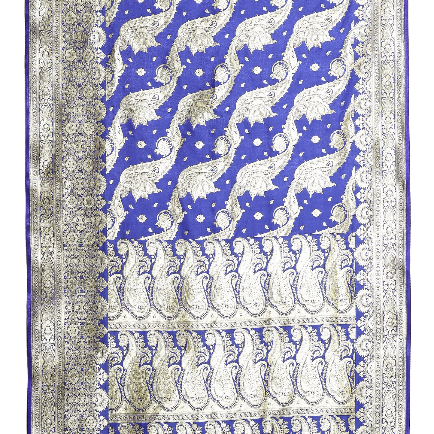 Faishana Presents Blue Satin Silk Diagonal Zari Mughal Motif with Skirt Blue Border Banarasi Saree