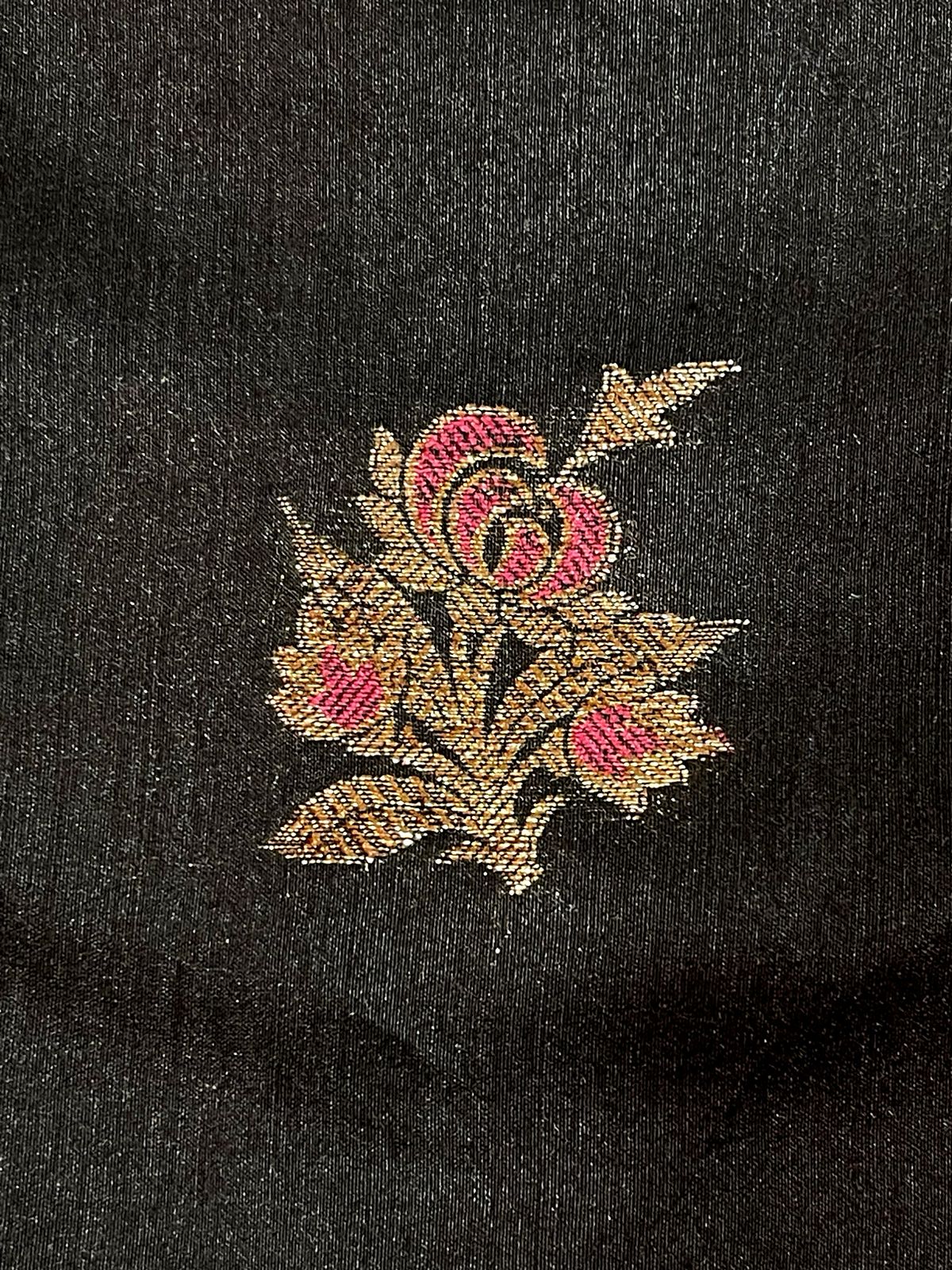 Faishana Presents Pure Handloom Black Munga Silk Floral Minakari Zari Booti Banarasi Floral Jaal Pallu with Black Blouse Piece