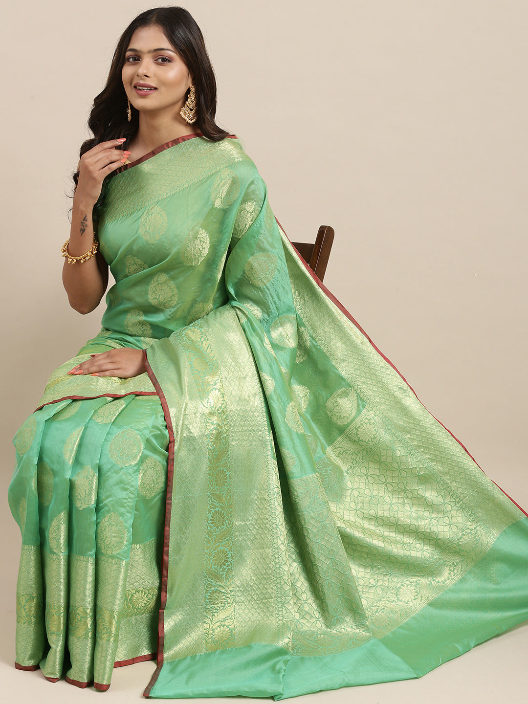 Faishana Presents Handwoven Sea green Bright Silk Boota Skirt Border With Sea green Blouse Banarasi Saree