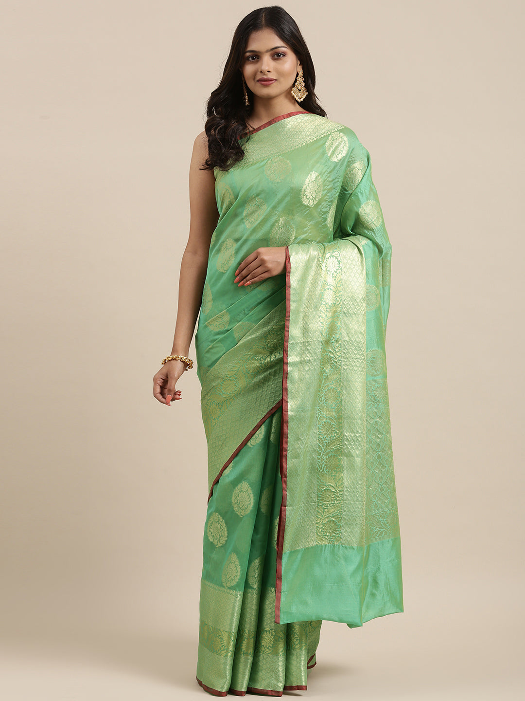 Faishana Presents Handwoven Sea green Bright Silk Boota Skirt Border With Sea green Blouse Banarasi Saree