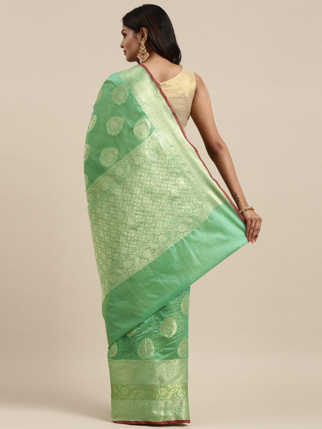 Faishana Presents Handwoven Sea green Bright Silk Boota Skirt Border With Sea green Blouse Banarasi Saree
