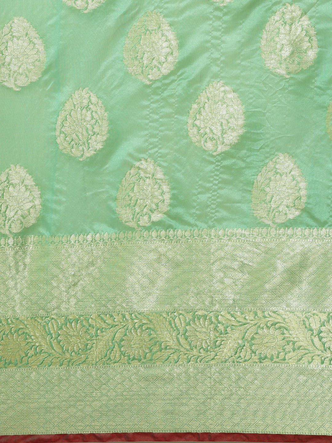 Faishana Presents Handwoven Sea green Bright Silk Boota Skirt Border With Sea green Blouse Banarasi Saree
