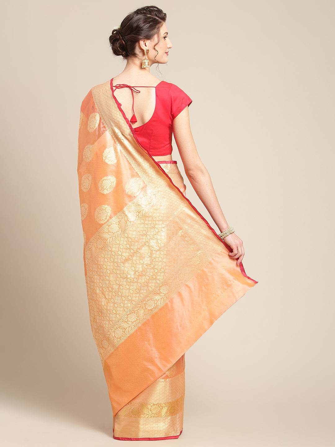 Faishana Presents Handwoven Pink Bright Silk Boota Skirt Border With Pink Blouse Banarasi Saree