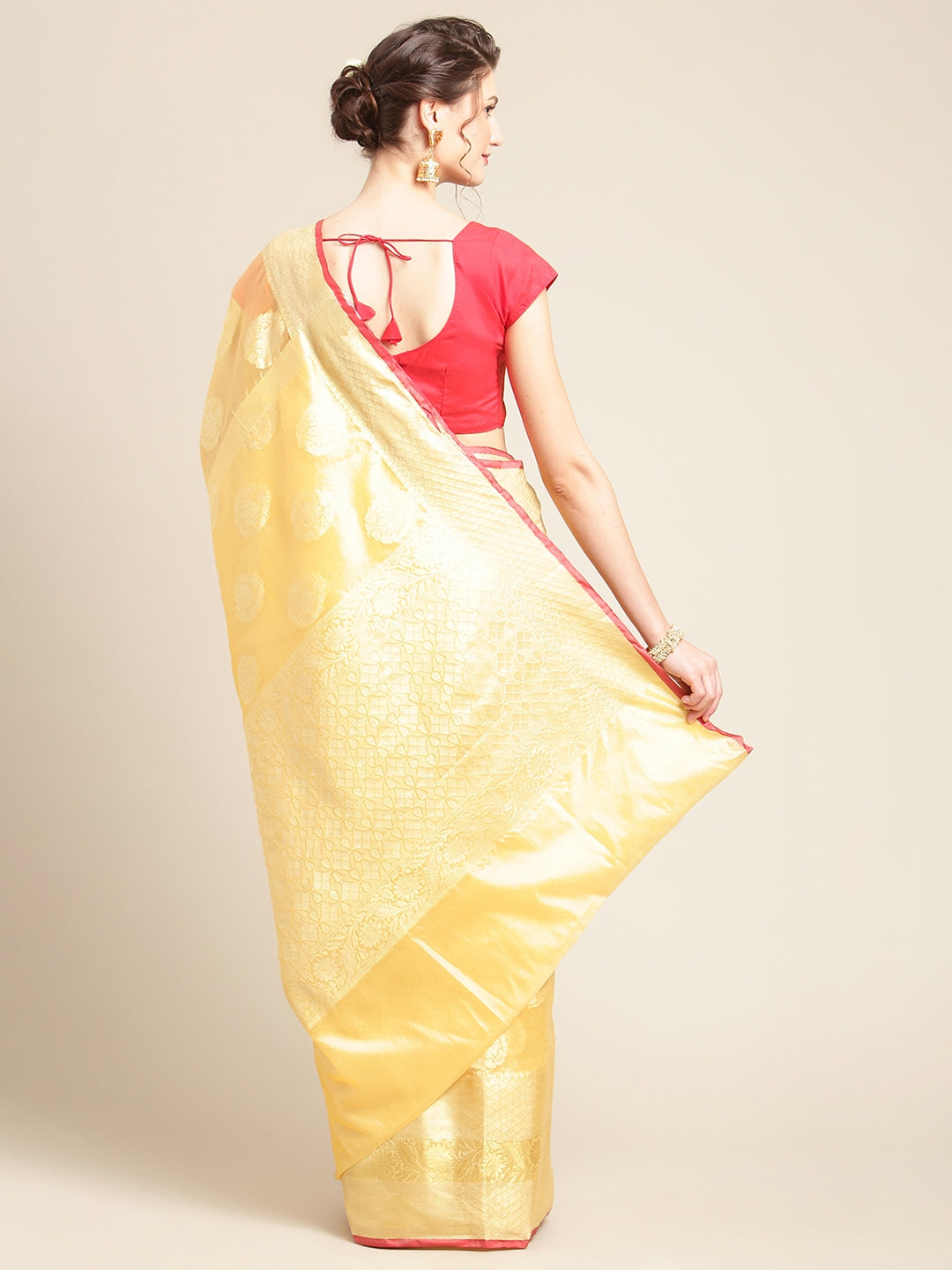 Faishana Presents Handwoven Light Gold Bright Silk Boota Skirt Border With Light Gold Blouse Banarasi Saree
