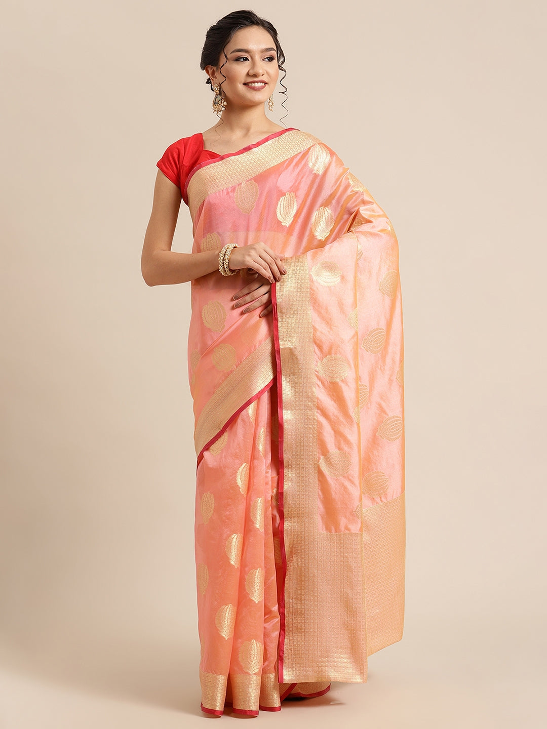 Faishana Presents Handwoven Light Pink Bright Silk Boota Zari Border With Light Pink Blouse Banarasi Saree