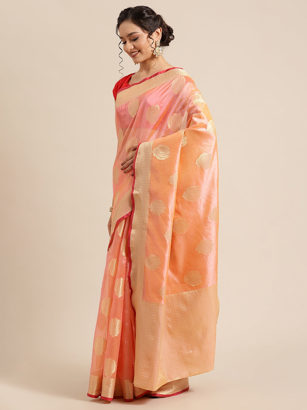 Faishana Presents Handwoven Light Pink Bright Silk Boota Zari Border With Light Pink Blouse Banarasi Saree