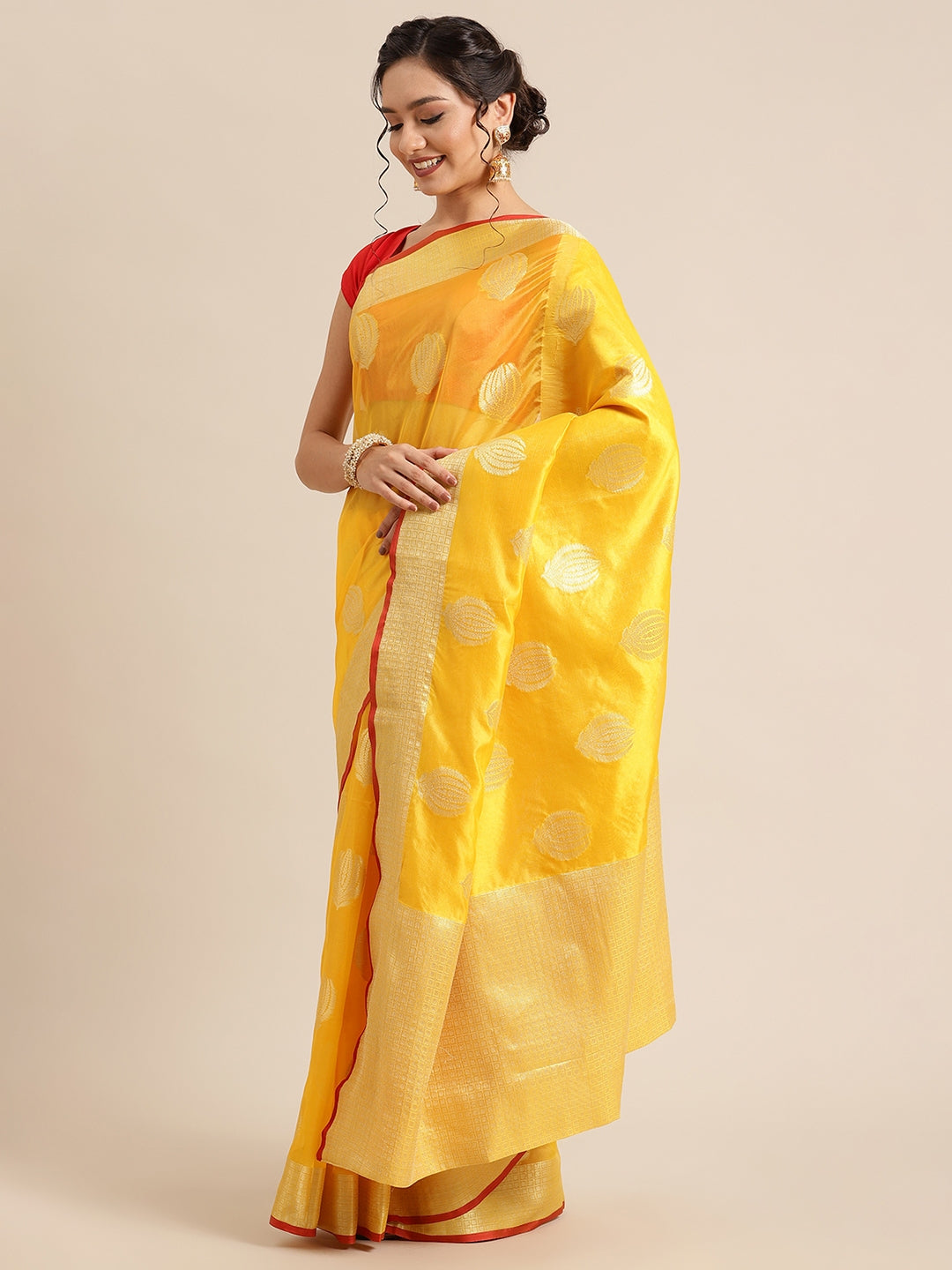 Faishana Presents Handwoven Gold Bright Silk Boota Zari Border With Gold Blouse Banarasi Saree