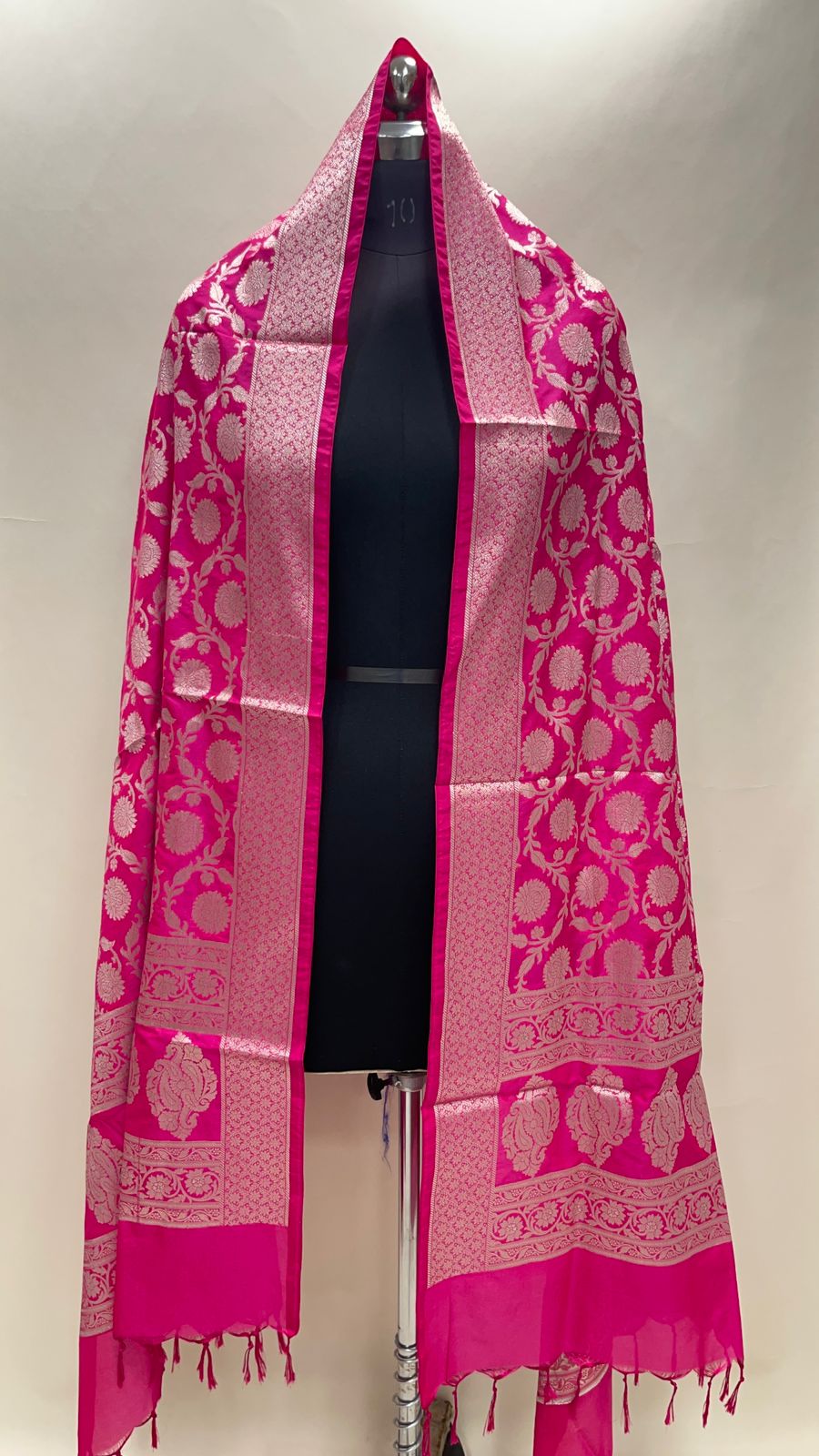 Faishana Presents Pink Semi Katan Silk Golden Alfi Zari Floral Boota Jaal Banarasi Dupatta
