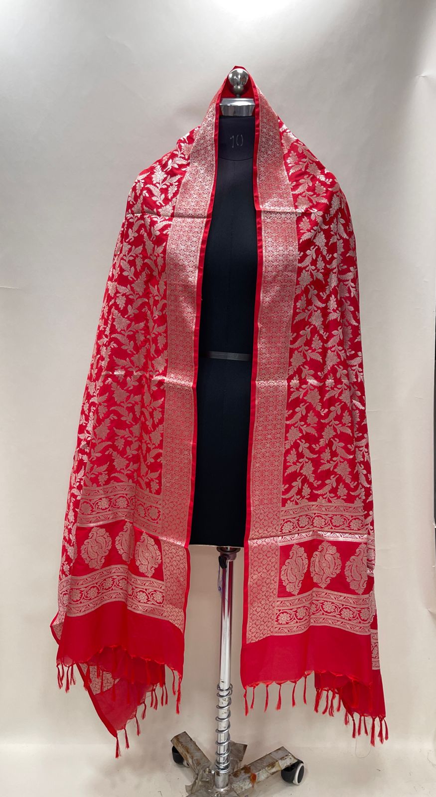 Faishana Presents Red Semi Katan Silk Tilfi Zari Floral Jaal Paisley Boota Anchal Zari Border Banarasi Dupatta