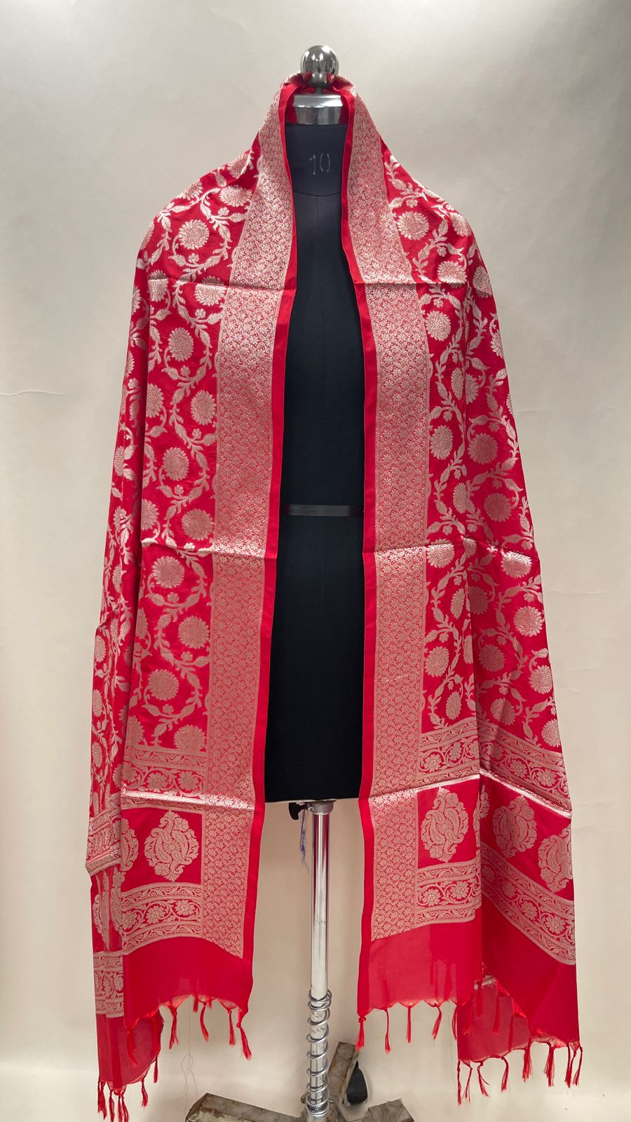 Faishana Presents Red Semi Katan Silk Tilfi Zari Jaal Paisley Boota Banarasi Dupatta