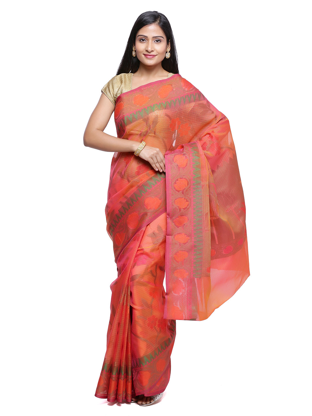 Faishana Presents Women's Orange Art Silk Saree With Blouse Piece