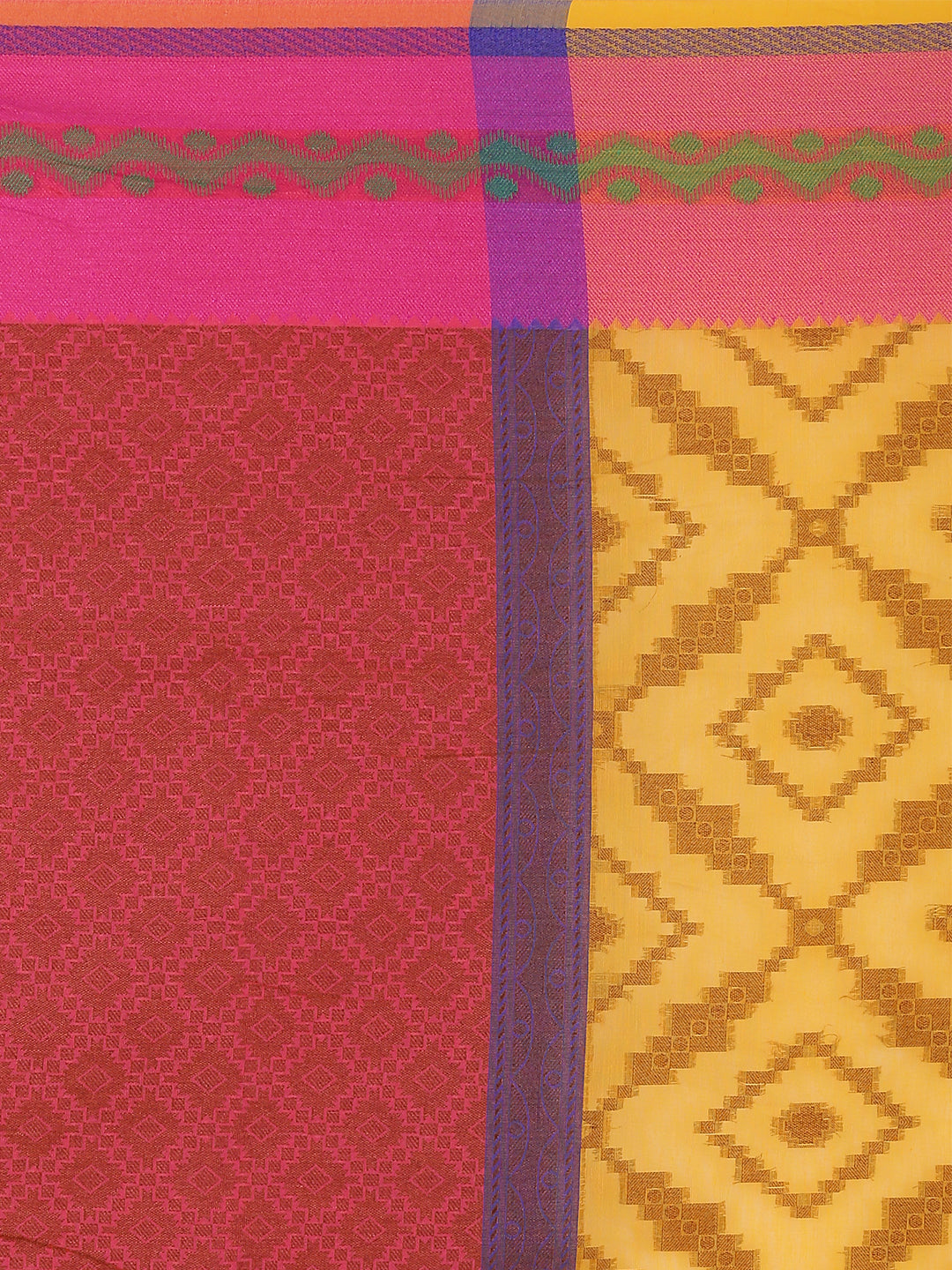 Faishana Presents Mustard Yellow Resham Zari Zig-Zag Stripe With Contrast Pink Zari Border And Mustard Blouse