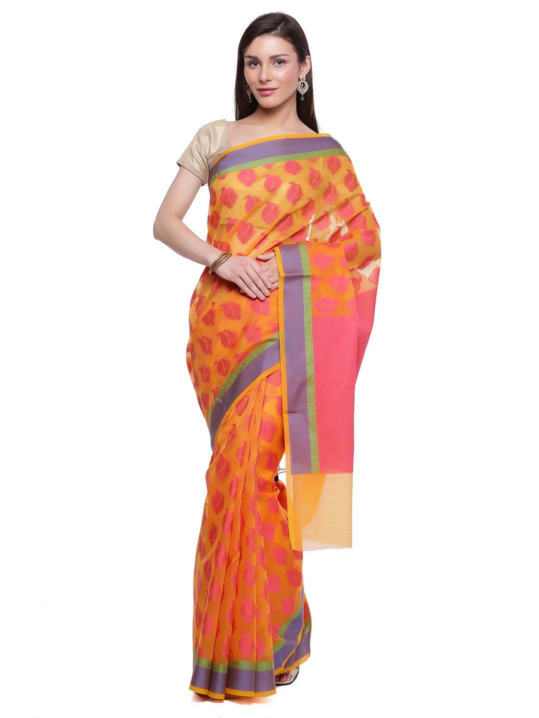 Faishana Presents Orange Floral Resham Zari Booti Contrast Blue Banarasi Border With Pink Banarasi Pallu And Orange Blouse