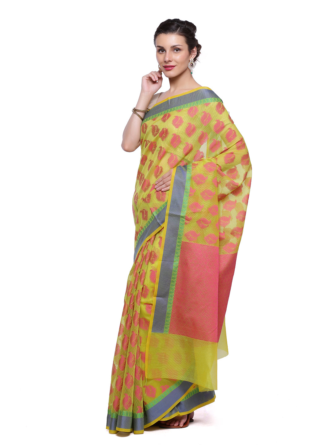 Faishana Presents Green Floral Resham Zari Booti Contrast Blue Banarasi Border With Pink Banarasi Pallu And Green Blouse