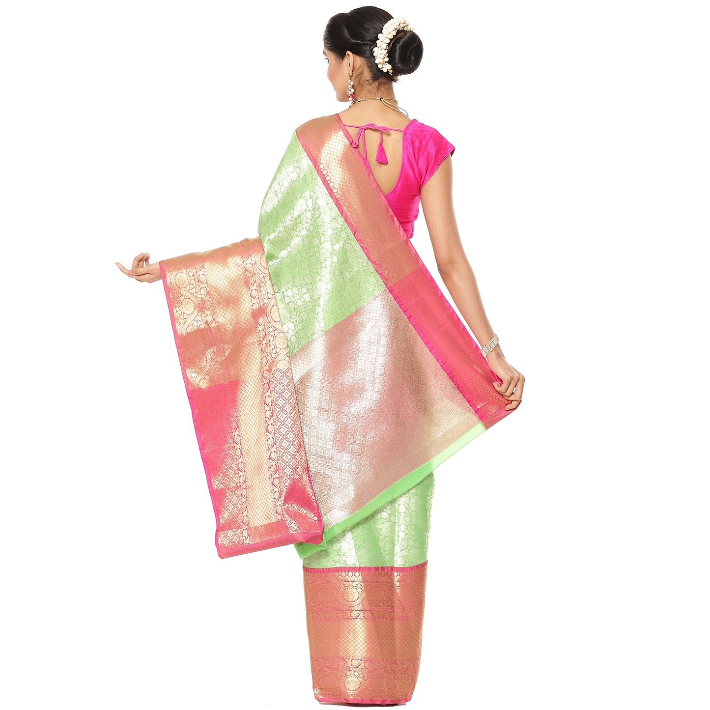 Faishana Presents Presents Green Kanchi Silk Zari Brocade Contrast Zari Brocade Red Pattu Border Banarasi Saree.