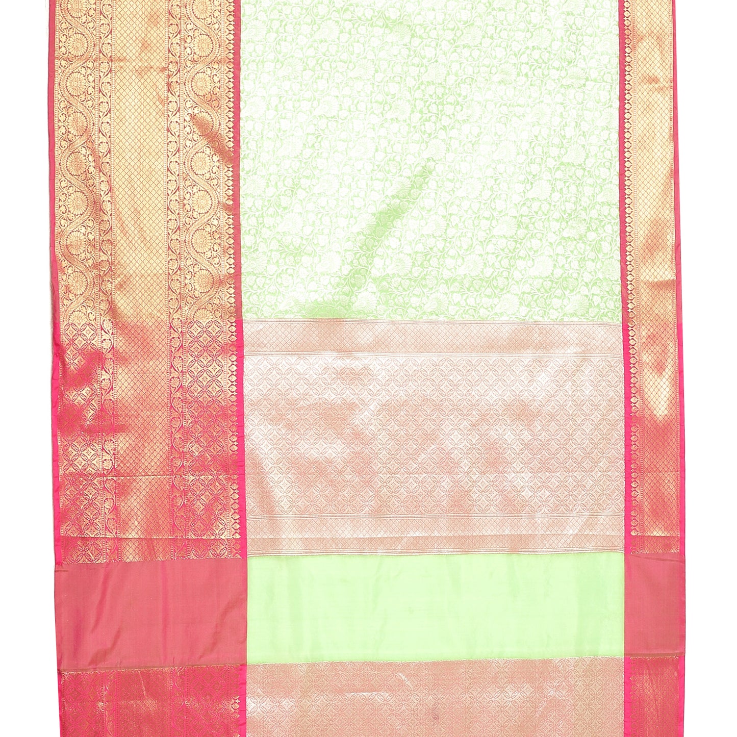 Faishana Presents Presents Green Kanchi Silk Zari Brocade Contrast Zari Brocade Red Pattu Border Banarasi Saree.