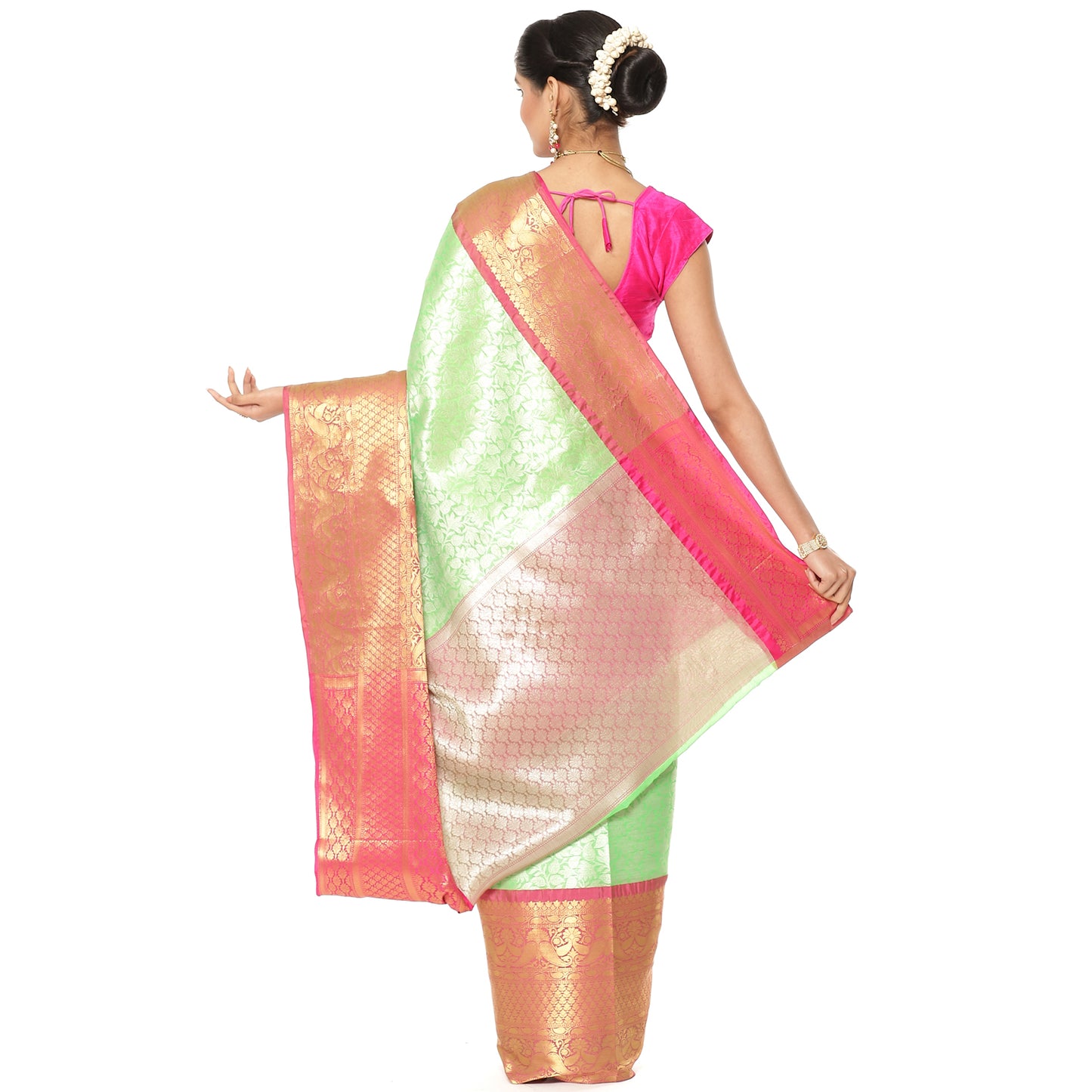 Faishana Presents Presents Green Kanchi Silk Zari Brocade Contrast Zari Brocade Red Pattu Border Banarasi Saree.