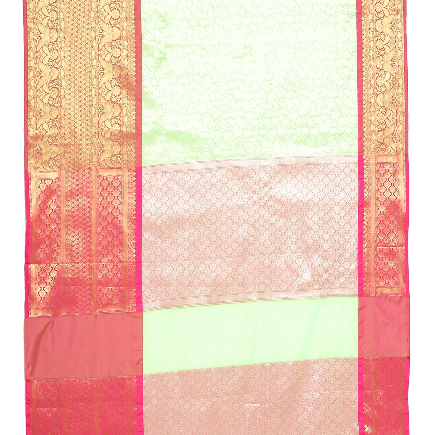 Faishana Presents Presents Green Kanchi Silk Zari Brocade Contrast Zari Brocade Red Pattu Border Banarasi Saree.