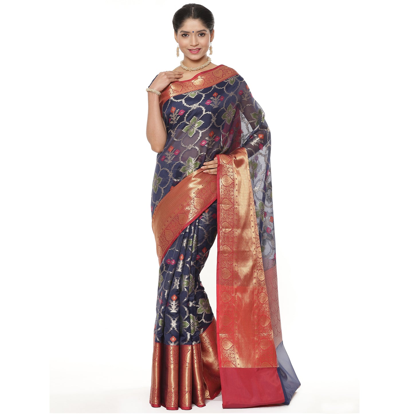 Faishana Presents Presents Navy Blue Zari Patola Contrast Zari Brocade Maroon Pattu Border Banarasi Saree.