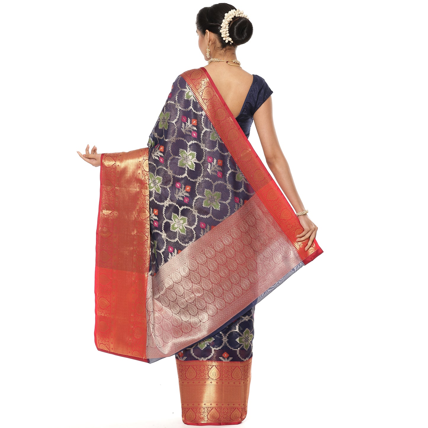 Faishana Presents Presents Navy Blue Zari Patola Contrast Zari Brocade Maroon Pattu Border Banarasi Saree.