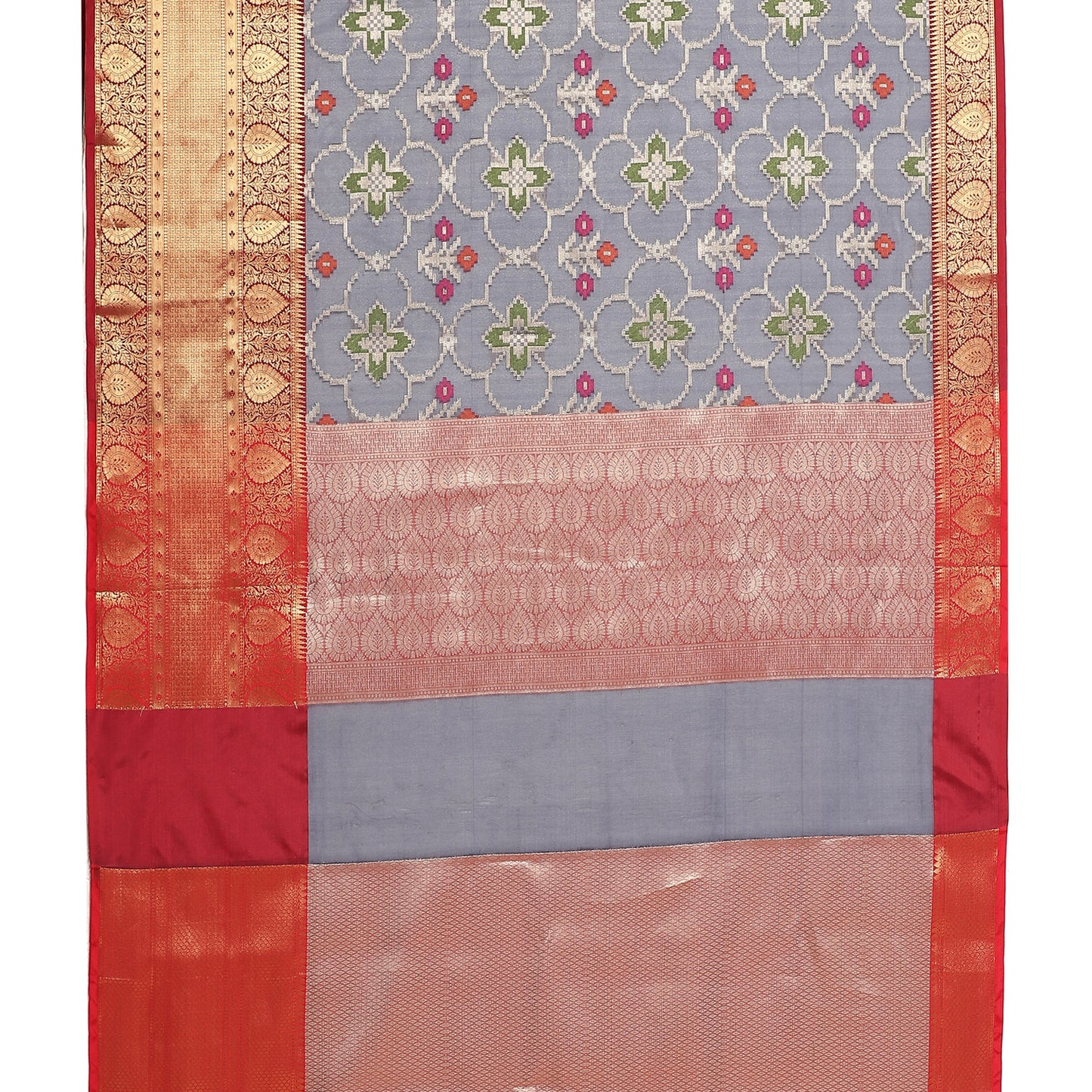 Faishana Presents Presents Navy Blue Zari Patola Contrast Zari Brocade Maroon Pattu Border Banarasi Saree.