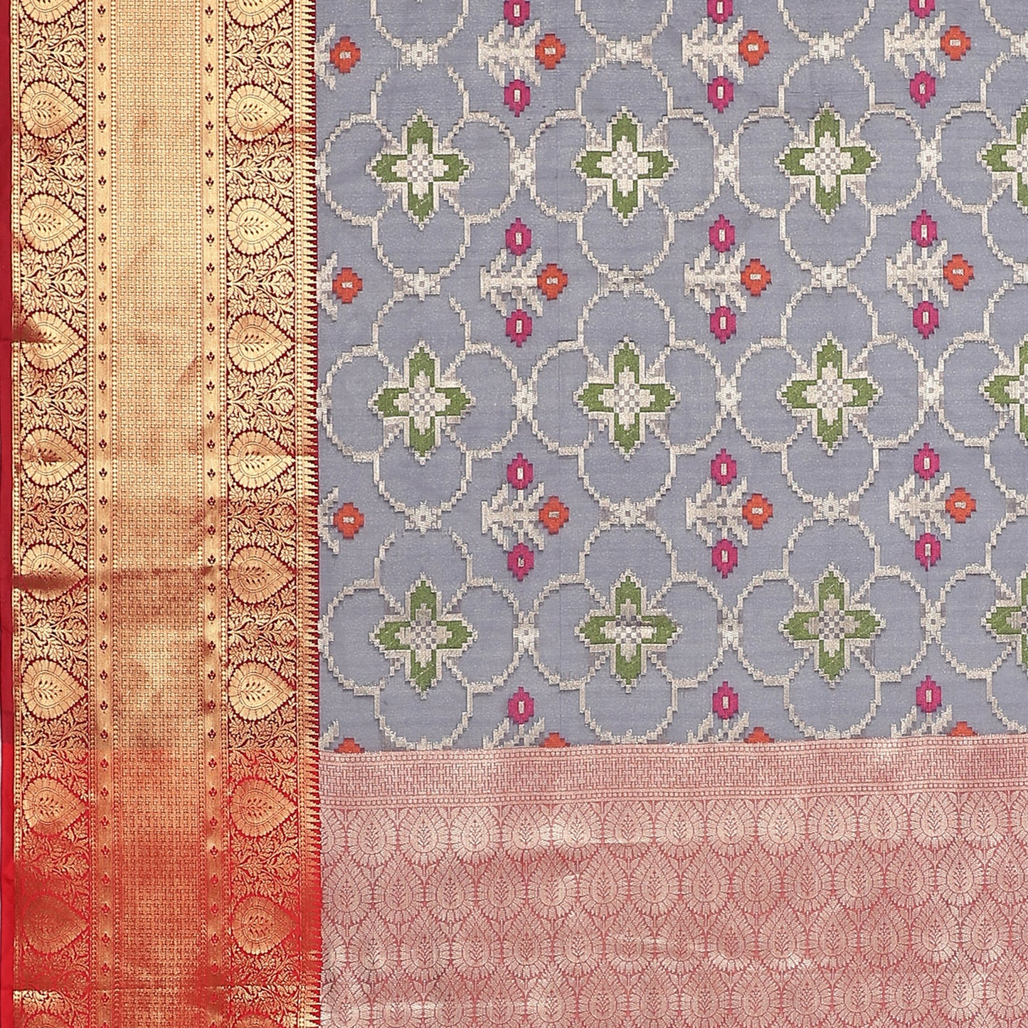 Faishana Presents Presents Navy Blue Zari Patola Contrast Zari Brocade Maroon Pattu Border Banarasi Saree.