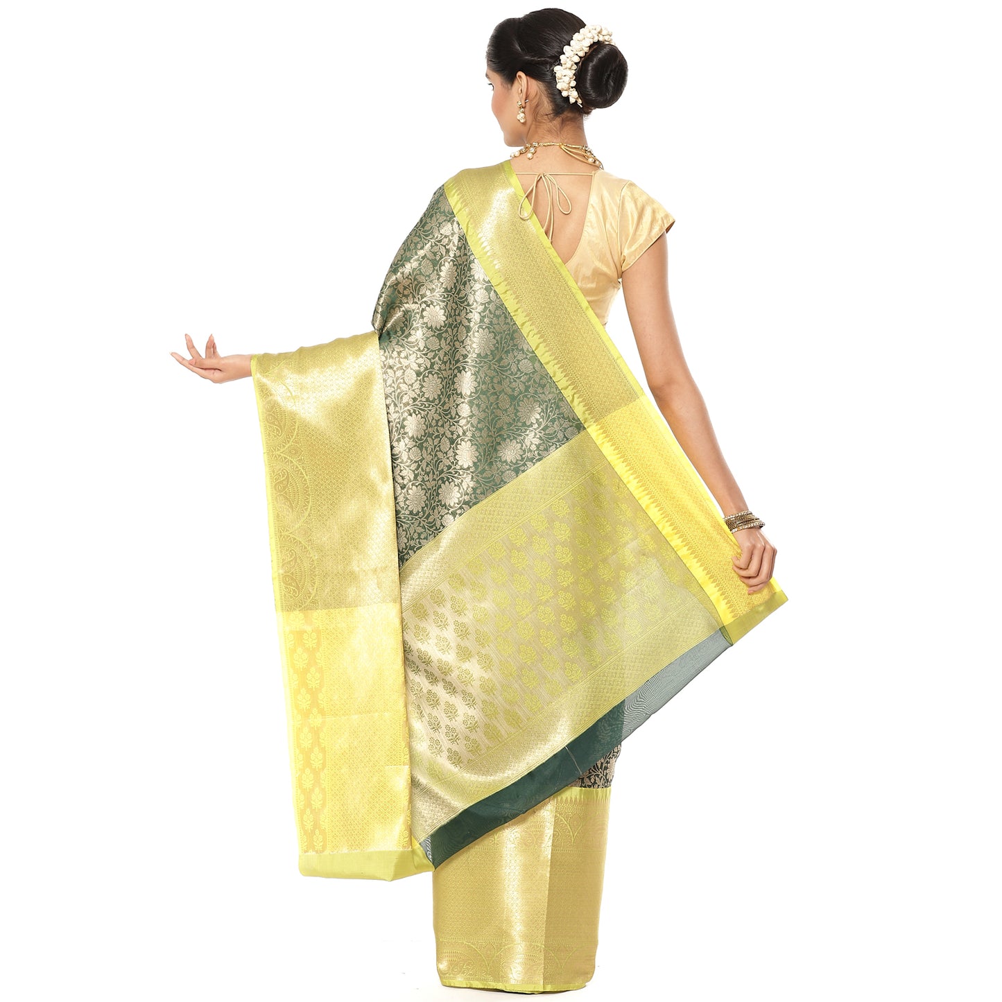 Faishana Presents Presents Bottle Green Zari Patan Patola Contrast Zari Brocade Pistachio Pattu Border Banarasi Saree.