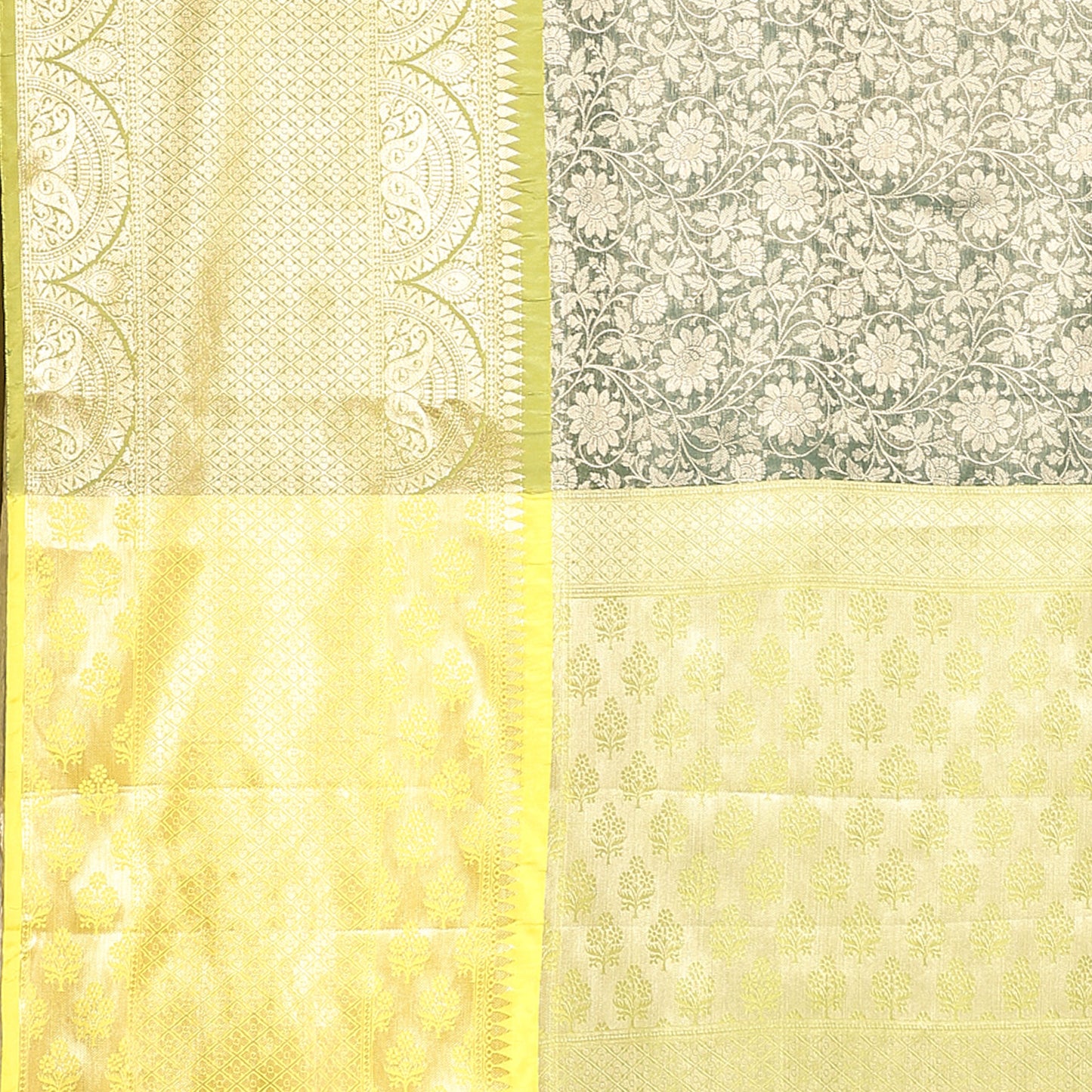 Faishana Presents Presents Bottle Green Zari Patan Patola Contrast Zari Brocade Pistachio Pattu Border Banarasi Saree.