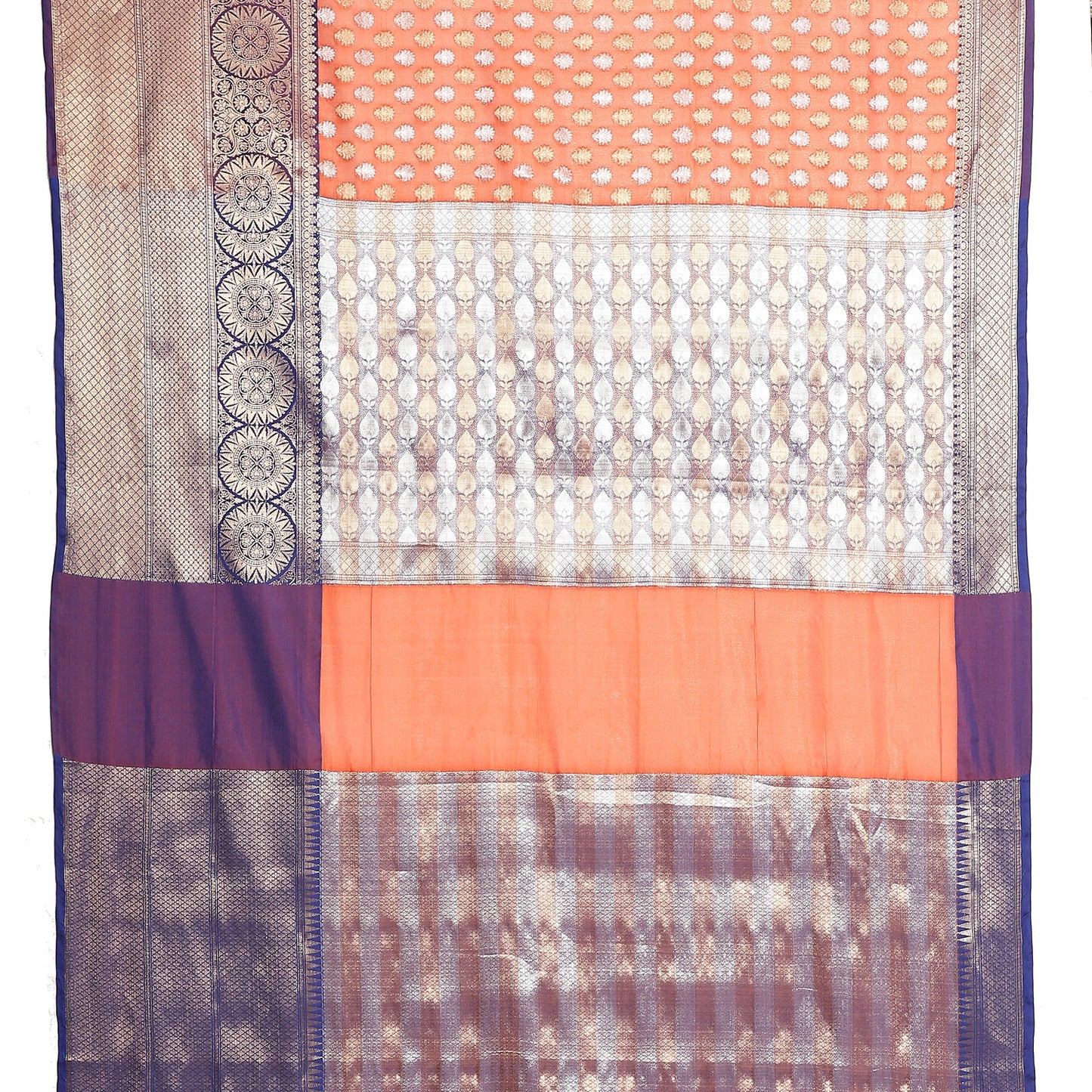 Faishana Presents Presents Orange Silver Gold Zari Chunri Booti Contrast Blue Pattu Border Banarasi Saree.