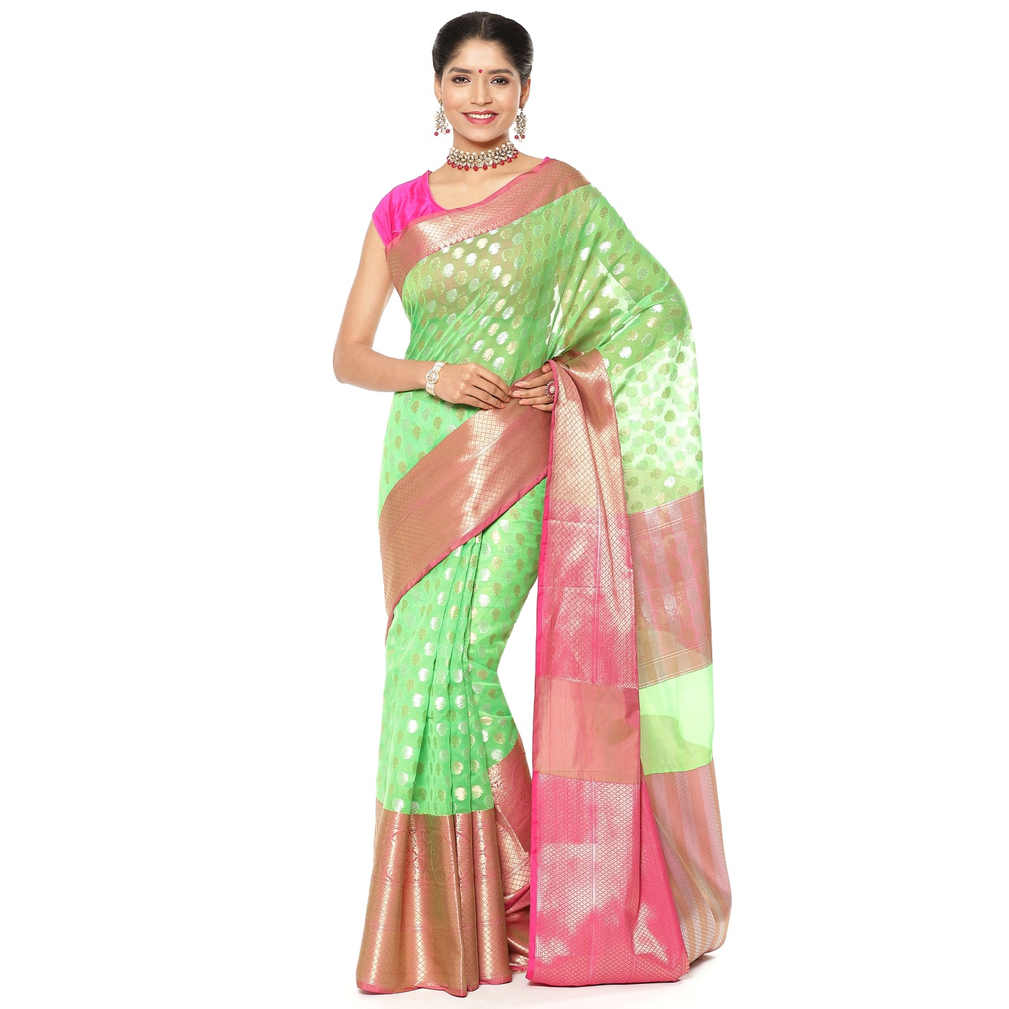 Faishana Presents Presents Green Silver Gold Zari Chunri Booti Contrast Pink Pattu Border Banarasi Saree.
