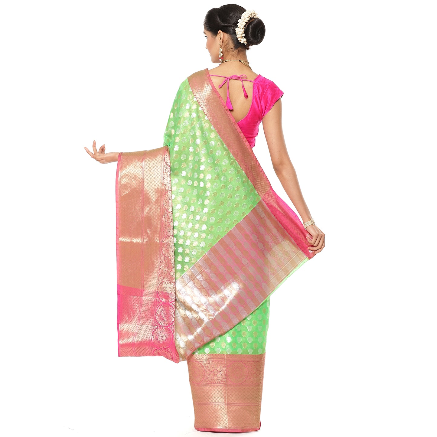 Faishana Presents Presents Green Silver Gold Zari Chunri Booti Contrast Pink Pattu Border Banarasi Saree.